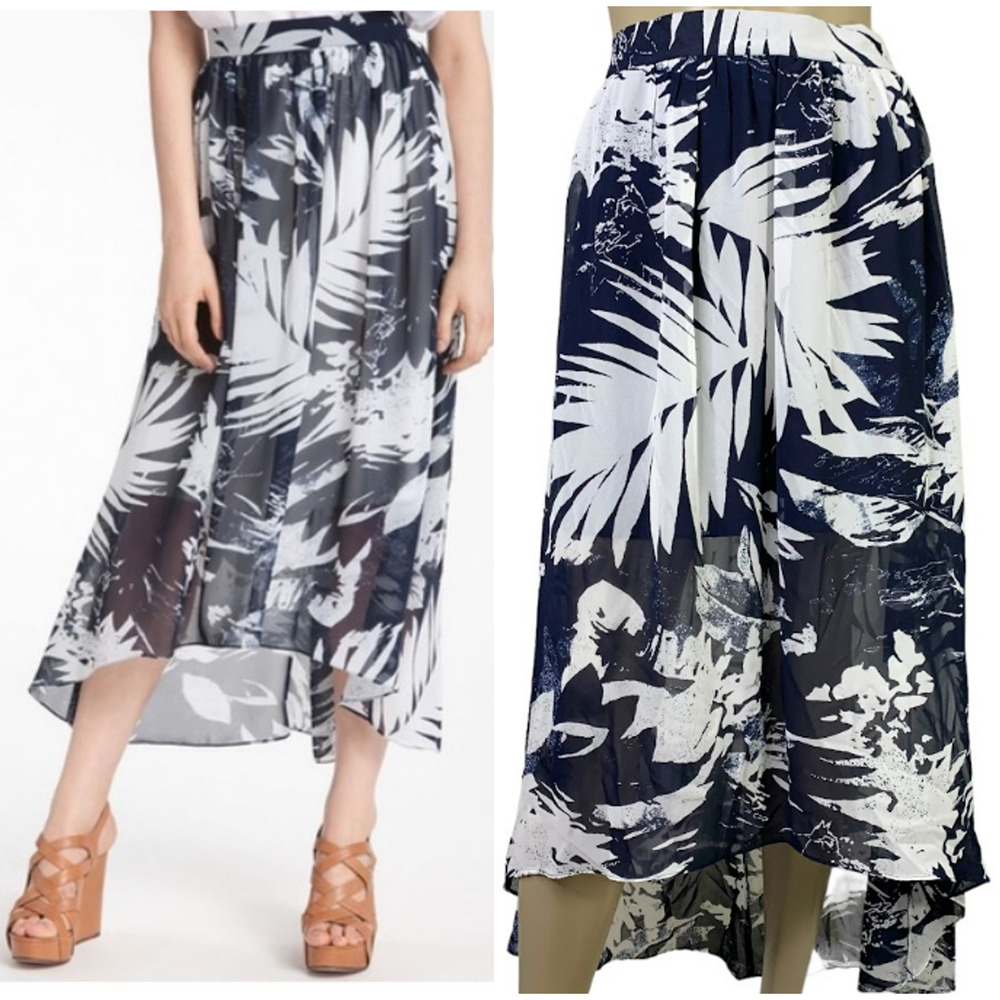Vince Camuto New Tropical Sheer Chiffon Maxi Skirt Size 10 Navy White High Low